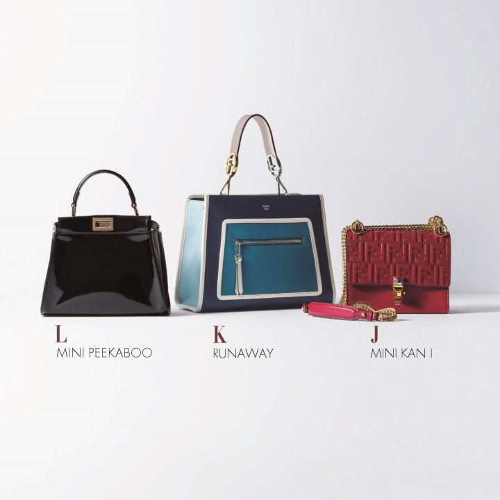 右から／バッグ『ミニ キャナイ』［縦18.5×横25×マチ11cm］￥248,000・チャーム￥87,000・バッグ『ラナウェイ』［縦22×横29×マチ12.5cm／ショルダーストラップ付き］248,000・別売りのブルーのハンドルストラップ￥66,000・バッグ『ミニ ピーカブー』［縦18×横23×マチ11cm／カバー・ショルダーストラップ付き］￥453,000（フェンディ ジャパン）　[Precious2018年12月号127ページ] 