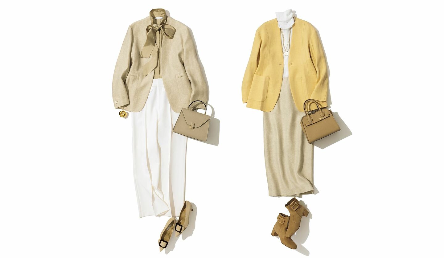 抜け感あるノーカラージャケットが主役のコーディネート2組