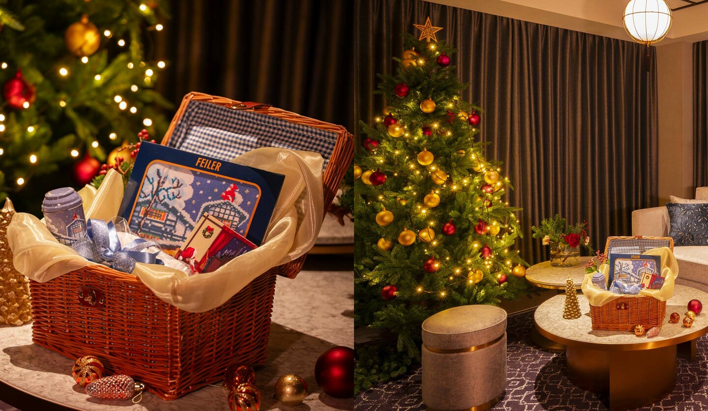 万平ホテルのスイートルームとクリスマスグッズを詰め合わせたギフトハンパ―