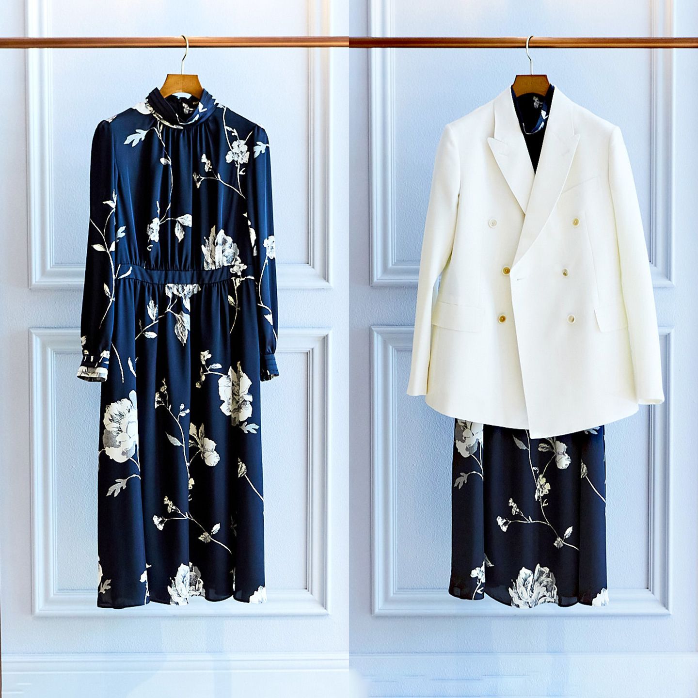 フラワーワンピース¥80,000、白のジャケット ¥300,000(ともに税抜)