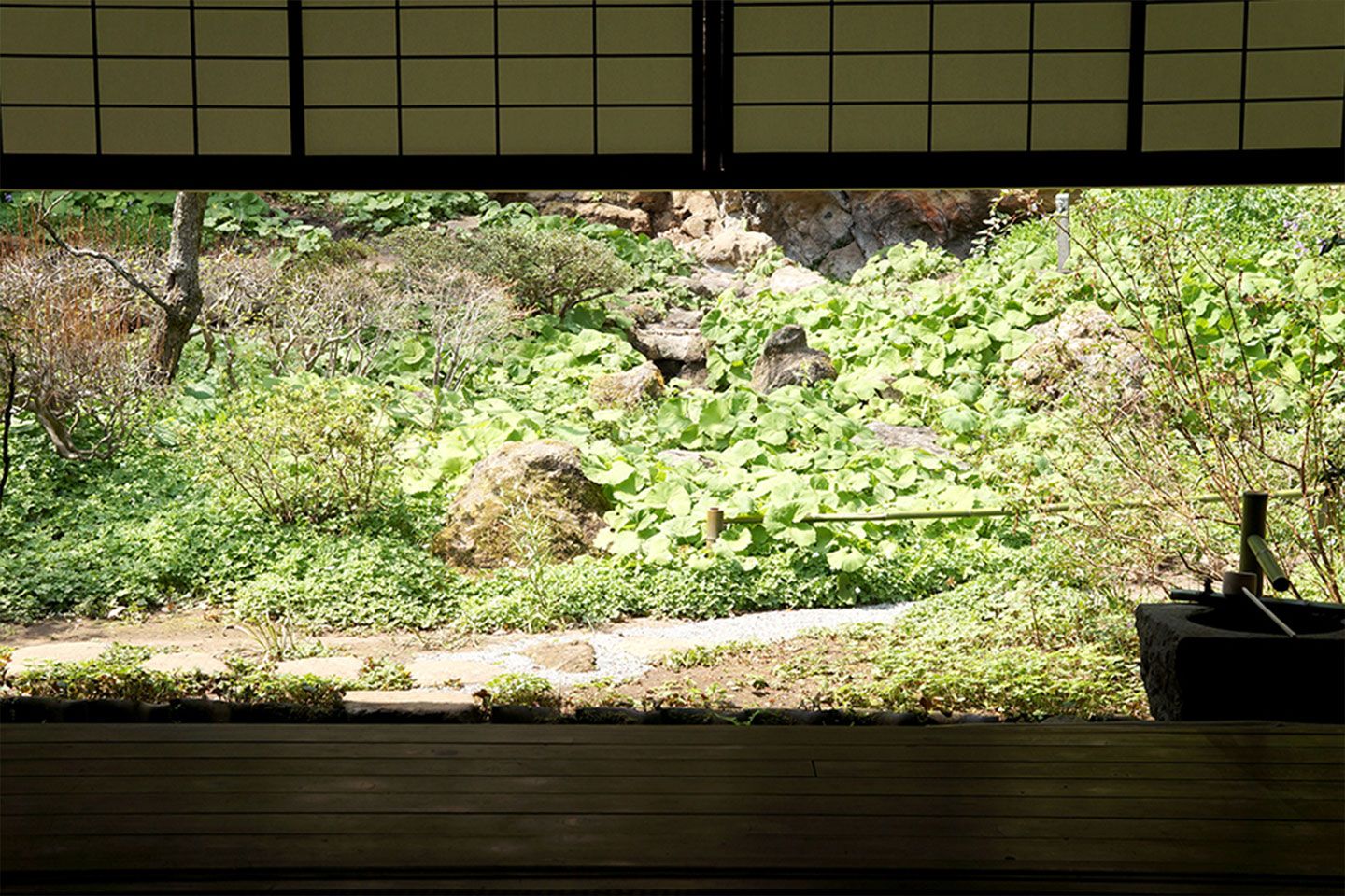 京都・大徳寺の茶室「忘筌(ぼうせん)」の意匠を取り入れた、半分だけの明かり障子
