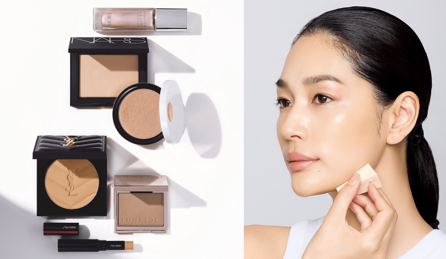 モデルの大塚まゆかさんとエルメス、ディオール、NARS、ルナソル、イヴサンローラン、資生堂のシェーディング＆ハイライトのコスメアイテムの画像