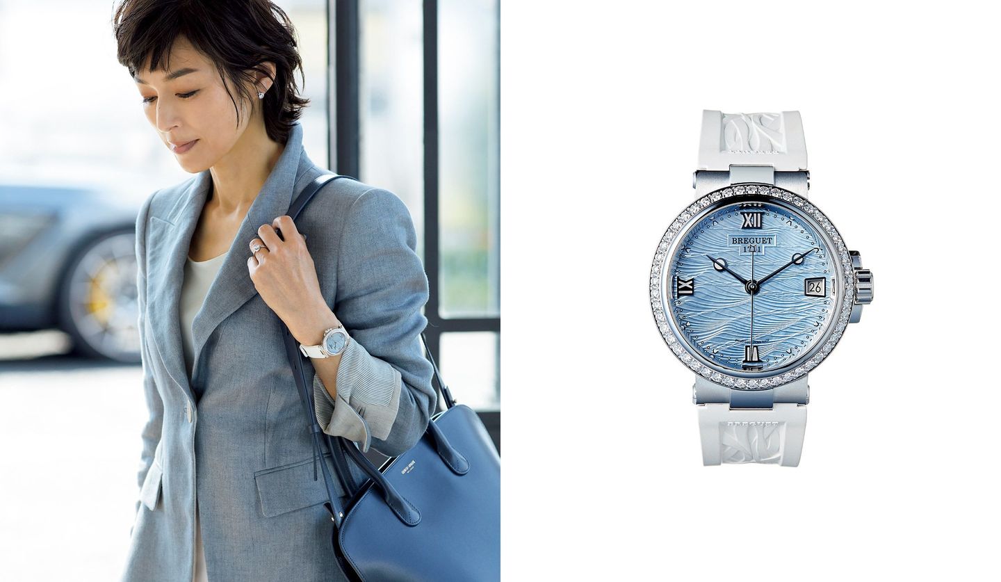 ブレゲの時計と、その時計を身に着けた鈴木保奈美さんの写真。