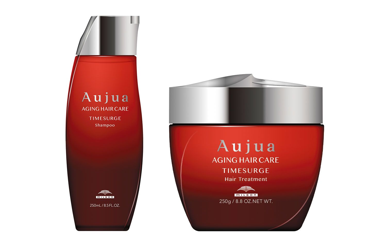 左から、オージュア タイムサージ シャンプー 250mL ¥2,800、オージュア タイムサージ ヘアトリートメント 250g ¥3,800