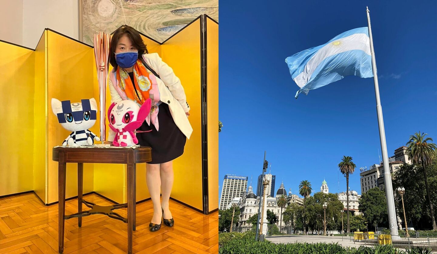 在アルゼンチン日本国大使館で開催された、東京2020オリンピック・パラリンピック大会に出場したアルゼンチン代表選手たちの慰労パーティでの荒井由希子さん。ブエノスアイレスの「五月広場」