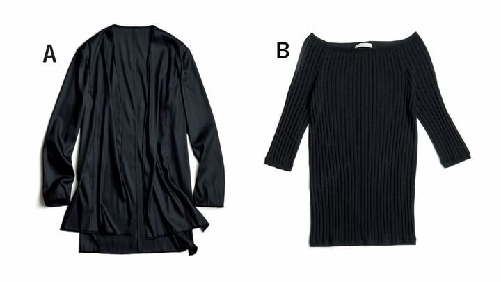 ［A］一枚仕立てのジャケット ￥100,000（オールウェイズ〈ミカコ ナカムラ〉） ［B］ボートネックのリブニット ￥18,000（DES PRÉS 丸の内店〈DES PRÉS〉）