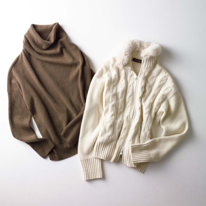 ジャケット『ジュビリー・ボンバー』￥439,000・ハイネックセーター￥220,000（伊勢丹 新宿店 本館4階 インターナショナルラグジュアリー ロロ・ピアーナ ショップ〈ロロ・ピアーナ〉） ※ともに伊勢丹新宿店のみの取り扱い　[Precious2018年12月号274-275ページ] 　