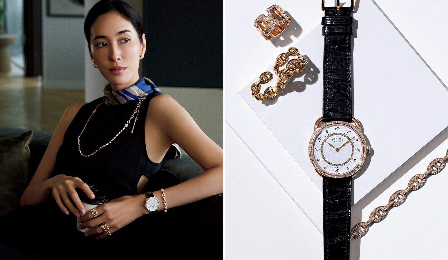 「エルメス」のジュエリーとウォッチを着用したモデルの立野リカさん