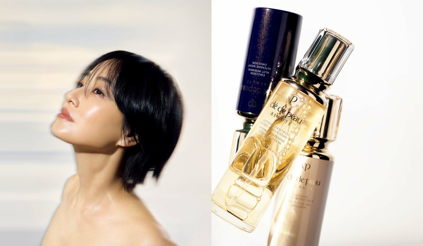 モデルの真樹麗子さんと「クレ・ド・ポー ボーテ」のローションと日中用＆夜用のエマルジョン