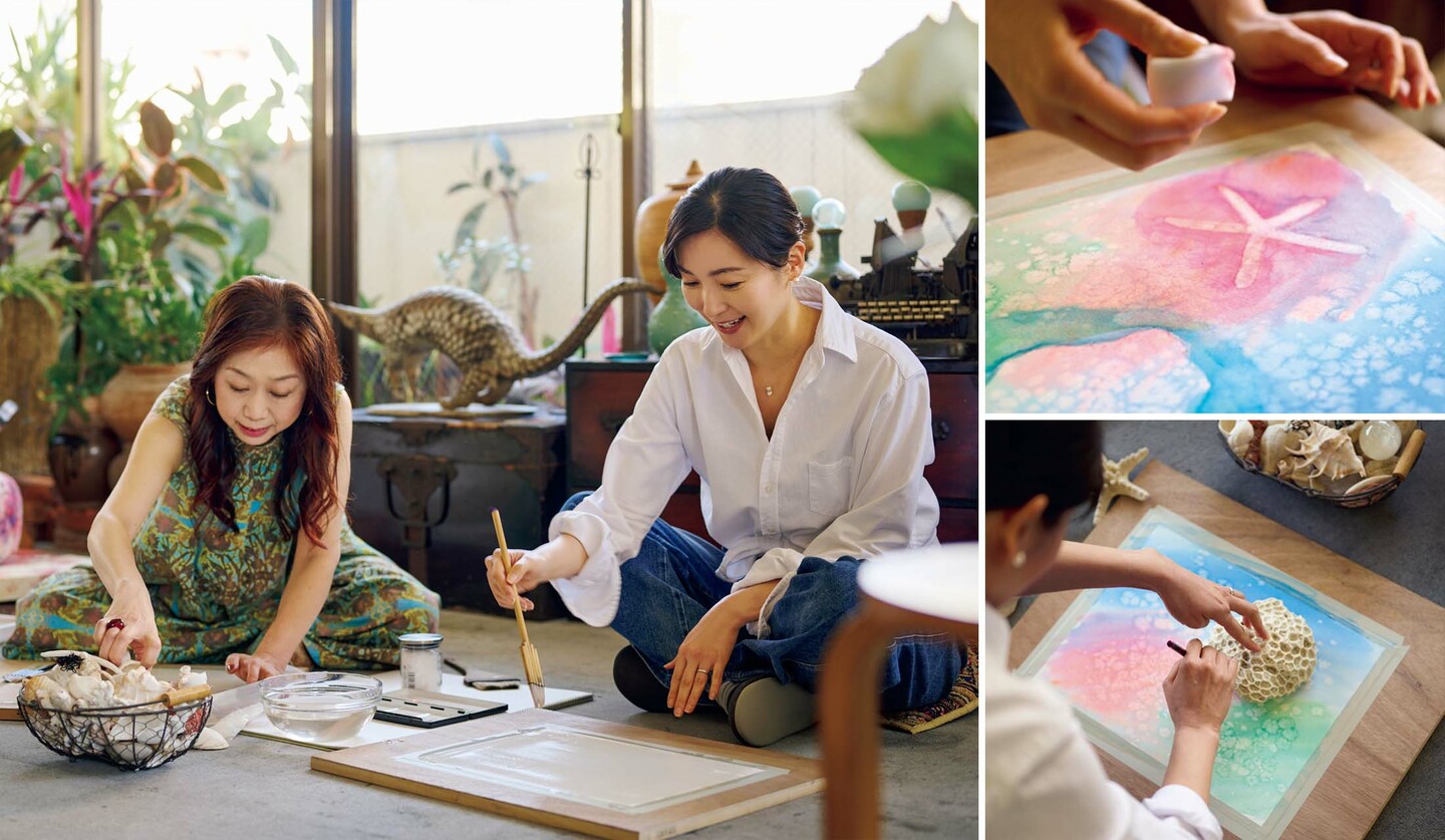 キャスターの大江麻理子さんと水彩画家・ 永山裕子さん、アトリエ内での作業の様子