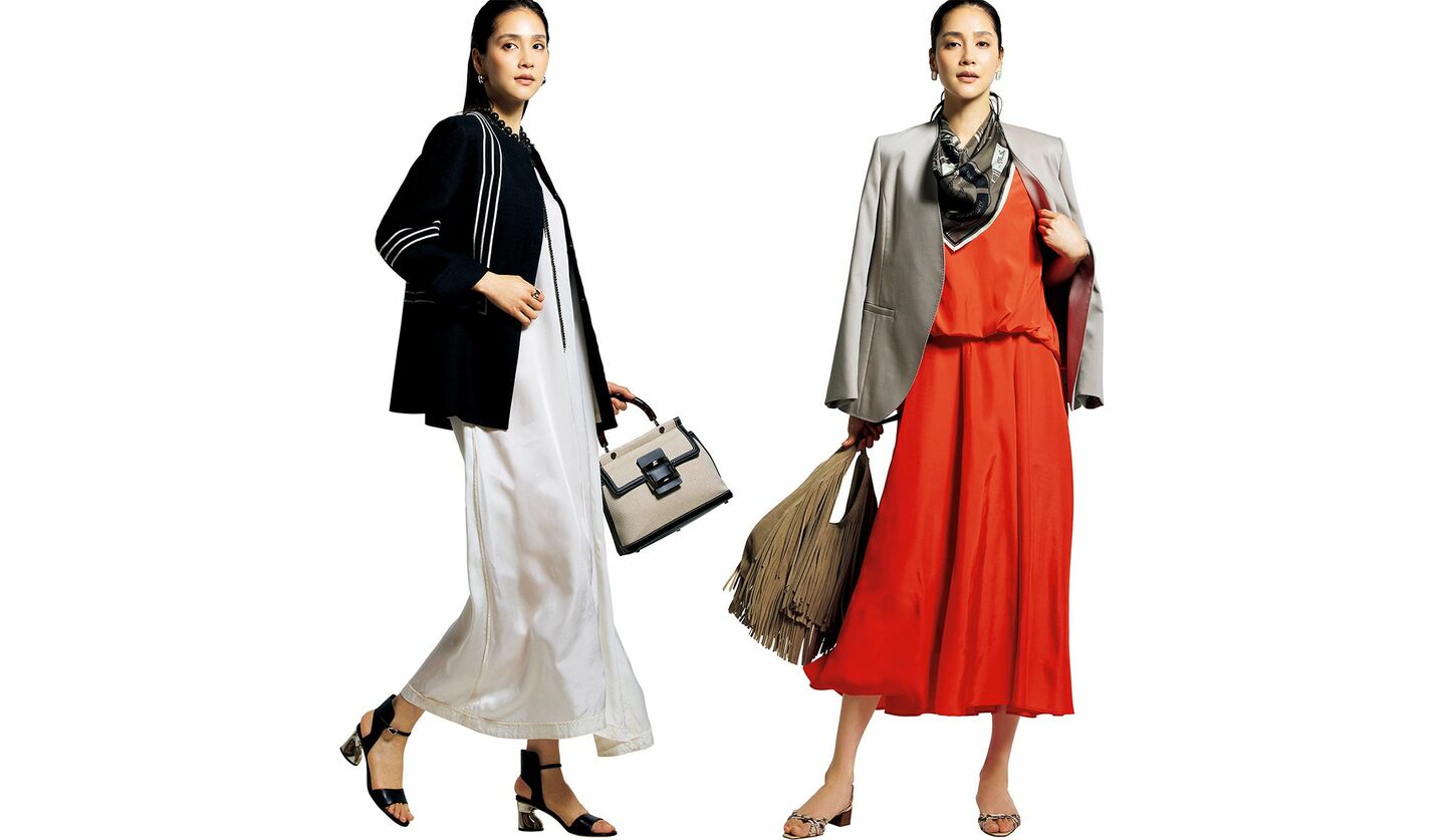 「エステータ」「アドーア」のジャケットにワンピースを組み合わせたコーディネート