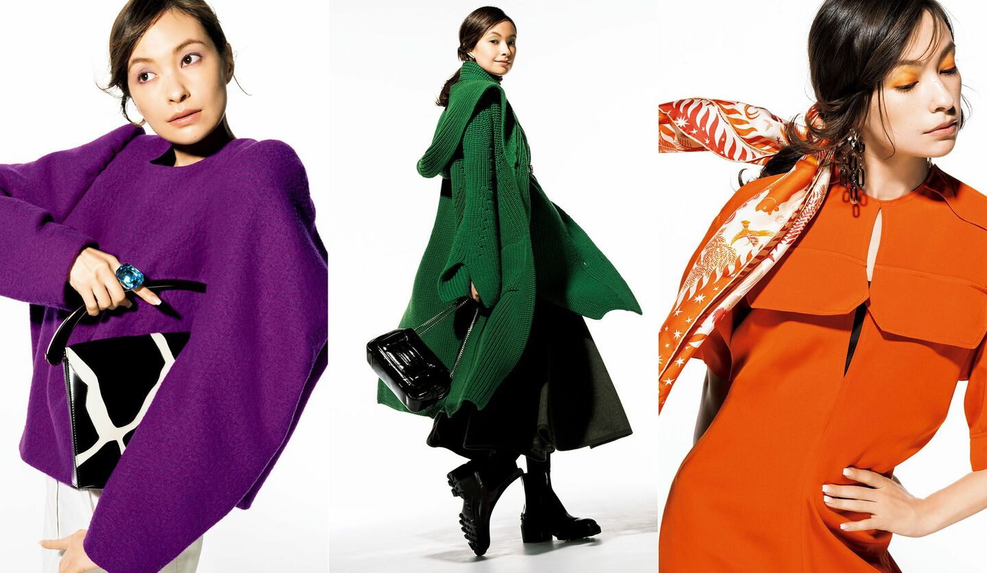 冬映えするきれい色をまとった女性の写真3種