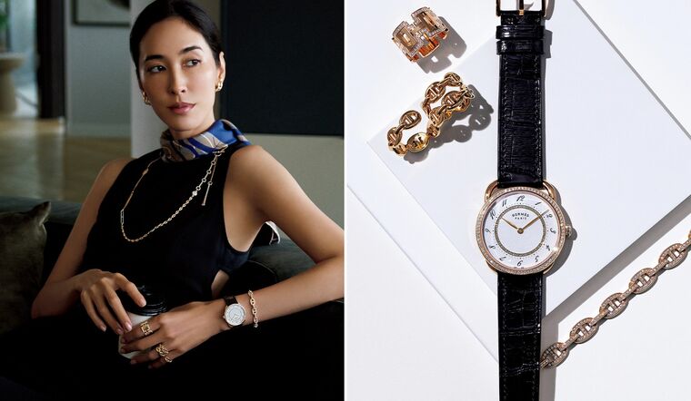 「エルメス」のジュエリーとウォッチを着用したモデルの立野リカさん