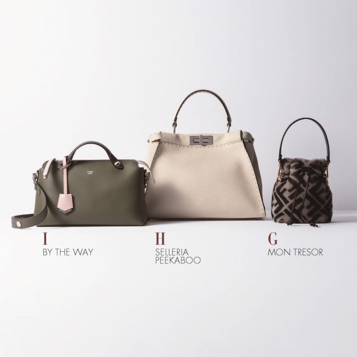 右から／バッグ『モン トレゾール』［ミニサイズ縦18×横12×マチ10cm／ショルダーストラップ付き］￥202,000・別売りのベージュのハンドルストラップ￥72,000・バッグ『セレリア ピーカブー』［レギュラーサイズ縦26×横33×マチ12cm／ショルダーストラップ付き］￥516,000・チャーム￥72,000・バッグ『バイ ザウェイ』［レギュラーサイズ縦18×横32×マチ15cm／ショルダースラップ付き］￥202,000・別売りのFFロゴのショルダーストラップ￥135,000（フェンディ ジャパン）　[Precious2018年12月号126ページ] 　