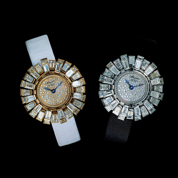 時計『プティット フルール』［ケース径17㎜ サテンストラップ 自動巻き］左／リッチなメリハリを添えるイエローゴールド。￥22,950,000［イエローゴールド×ダイヤモンド］・右／清廉でゴージャスな手元のドレスアップに。￥23,280,000［ホワイトゴールド×ダイヤモンド］（ブレゲ ブティック銀座）