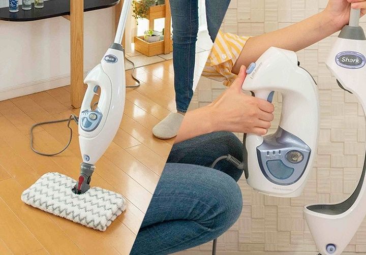Shark「2-IN-1 プロスチームモップ」本体サイズ:高さ1,118 x 幅298 x 奥行246mm 本体重量:約4.1kg 付属品:専用パッド(2枚)、衣類用スチーマー、小型ポケット、ツールとパッド(付属ホース付き)、注入容器 カラー:白 x ブルー 保証期間:1年間 市場想定価格:¥18,000