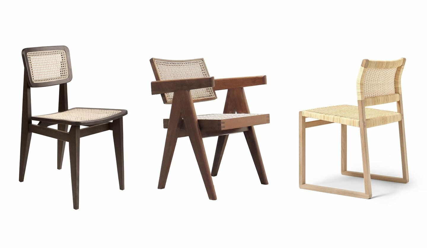 「籐（ラタン）」を使ったレトロモダンな椅子３つ。マルセル・ガスコアン「C-chair（Cチェア）」、ピエール・ジャンヌレの チャンディガール「オフィスチェア」、ボーエ・モーエンセン「BM61」