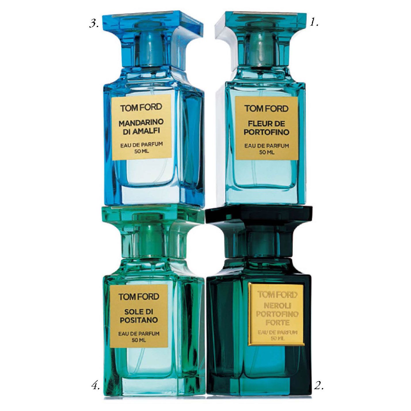 1.フルール ド ポルトフィーノ オード パルファム スプレィ ●50ml ¥28,000・2.ネロリ・ポルトフィーノ フォルテ オード パルファム スプレィ ●50ml ¥35,000・3.マンダリーノ ディ アマルフィ オード パルファム スプレィ ●50ml ¥28,000・4.ソーレ ディ ポジターノ オード パルファム スプレィ ●50ml ¥28,000(トム フォード ビューティ)