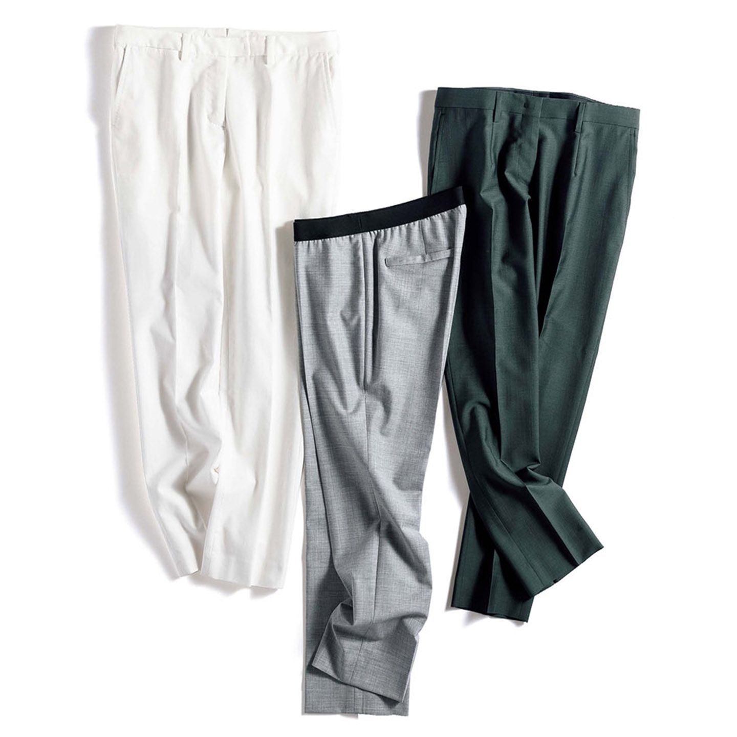 左から/パンツ¥28,000(スローウエアジャパン〈インコテックス〉)、¥18,000(オールウェイズ〈M・fil〉)、¥27,000(バーニーズ ニューヨーク カスタマーセンター〈バーニーズ ニューヨーク〉)