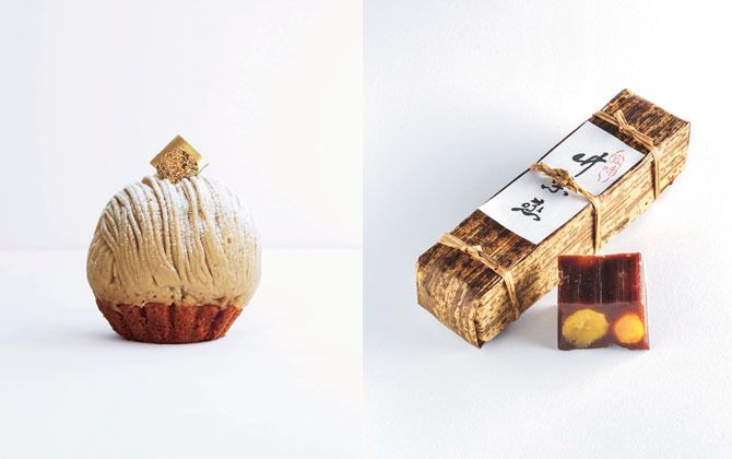 左/パティスリーSATSUKIの「スーパーモンブラン」 右/岬屋の「竹栗蒸」