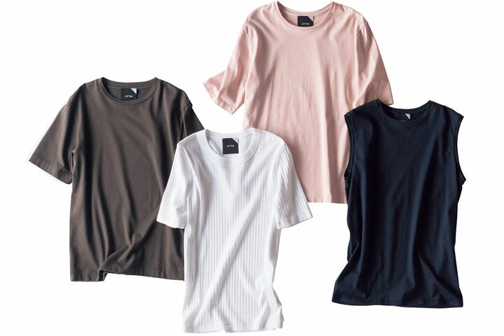 左から／Tシャツ「スビンプレート」￥12,000／4サイズ展開・Tシャツ￥8,100・Tシャツ「パーフェクト ショートスリーブ」￥9,900・タンクトップ￥8,900（エイトン 青山）　［Precious2019年6月号124ページ］