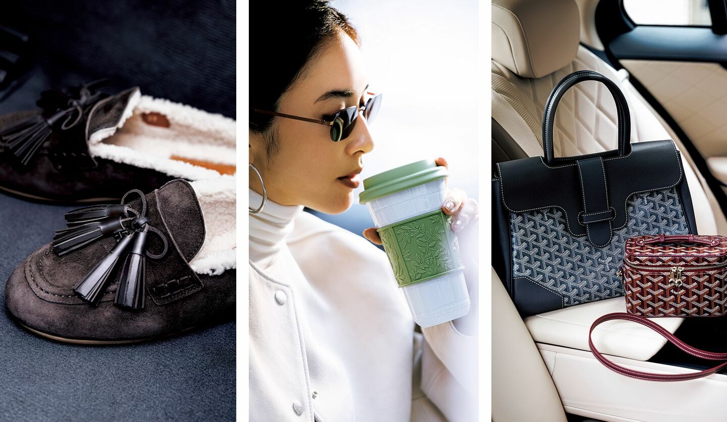 自動車内に置かれたゴヤールのバッグ、陶器製タンブラーで手に持ったモデル