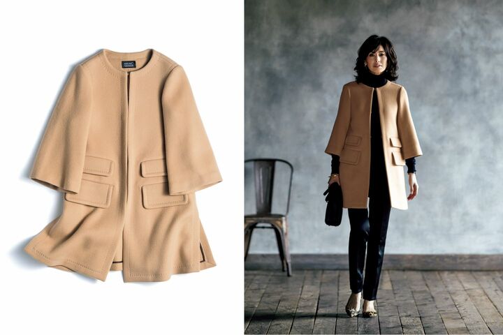 ダブルフェースカシミアのコート『ルナ』￥360,000［サイズ：38 号（＝9 号）］・シルクのパンツ￥110,000（オールウェイズ〈MIKAKO NAKAMURA〉） ニット￥30,000（リーミルズ エージェンシー〈ジョン スメドレー〉）ピアス￥38,000・バングル￥53,000（エストネーション〈アリギエーリ〉） 時計￥1,067,000（ポアレ ジャポン〈ポアレ〉） グローブ￥26,000（真下商事〈デンツ〉） バッグ￥332,000（ヴァレクストラ・ジャパン） 靴￥101,000（ブルーベル・ジャパン〈フランチェスコ ルッソ〉）