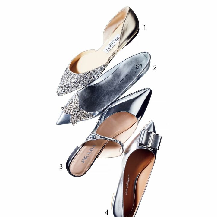 1.「エスター フラット」￥71,000【ヒール0.8cm】（JIMMY CHOO）、2.￥92,000【ヒール1cm】（ジュゼッペ ザノッティ ジャパン）、3.￥86,000／予価【ヒール1.5cm】（プラダジャパン〈プラダ〉）、4.￥79,000【ヒール1cm】（フェラガモ・ジャパン〈サルヴァトーレ フェラガモ〉）　［Precious2019年7月号72ページ］