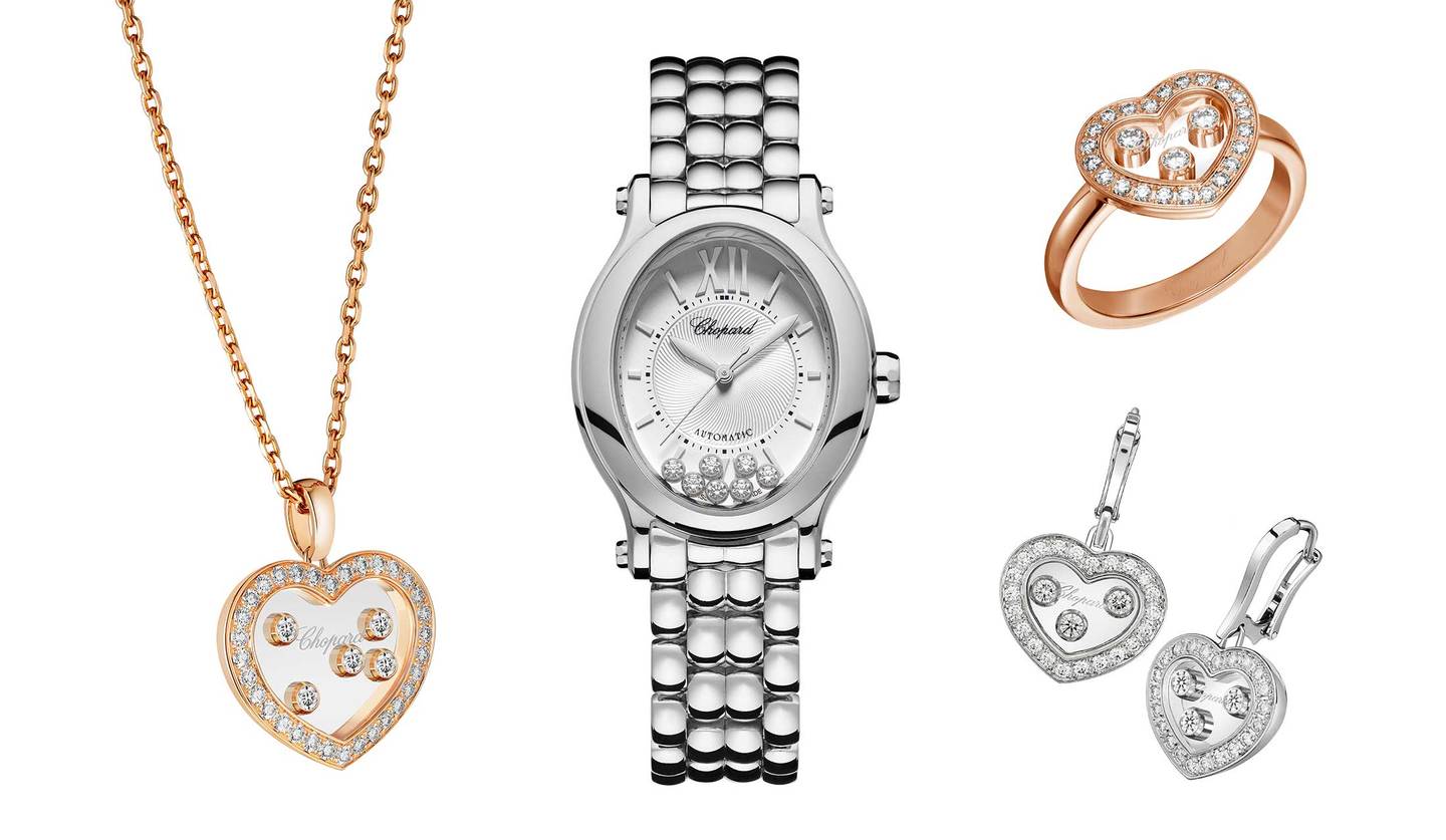 ショパールの時計「ハッピースポーツ オーバル」と、「ハッピーダイヤモンド アイコン」コレクションのジュエリー