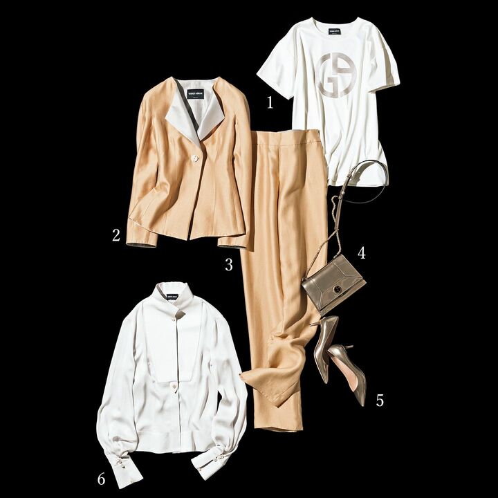 1シルクコットンのなめらかな肌触り。Tシャツ￥88,000・2ラペル部分のカラーコントラストが美しい。ジャケット￥350,000・3艷やかな上質シルク混素材で華やかに。パンツ￥173,000・4ミニマルなフォルム。バッグ［縦8×横20×マチ5cm］￥210,000・5アジアンフィットの木型をベースにしたベストセラーの限定色。靴［ヒール5.5cm］￥115,000・6ブラウス￥270,000（ジョルジオ アルマーニ ジャパン〈ジョルジオ アルマーニ〉）　[Precious2019年4月号149ページ] 