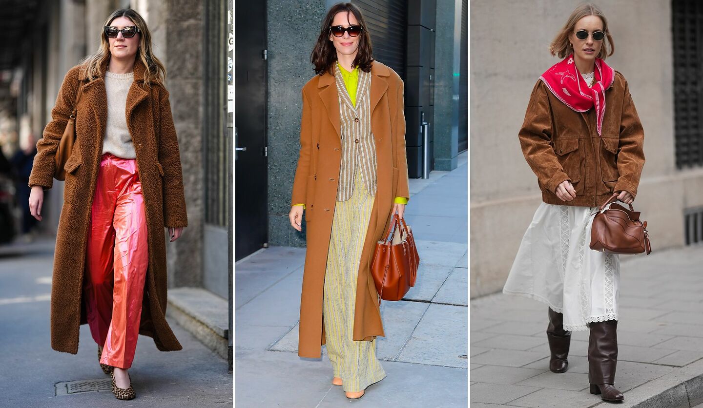 キャメルのアウターを着ていたミラノコレクションにいたゲスト、レベッカ・ホール、マルリーズ・ピア・ファイホファー