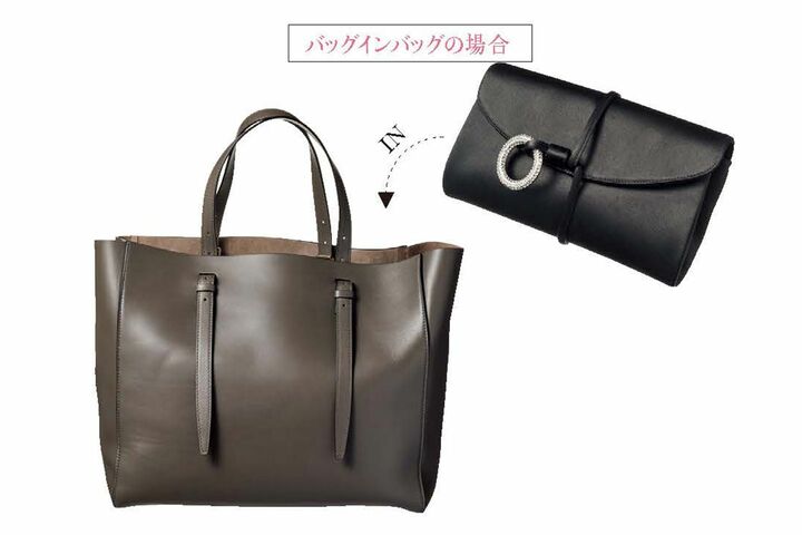 トートバッグ［縦29×横33.5×マチ16cm］￥230,000（ヴァレクストラ・ジャパン）、サテンクラッチ［縦12×横23×マチ３cm］￥50,000（和光〈ロド〉）