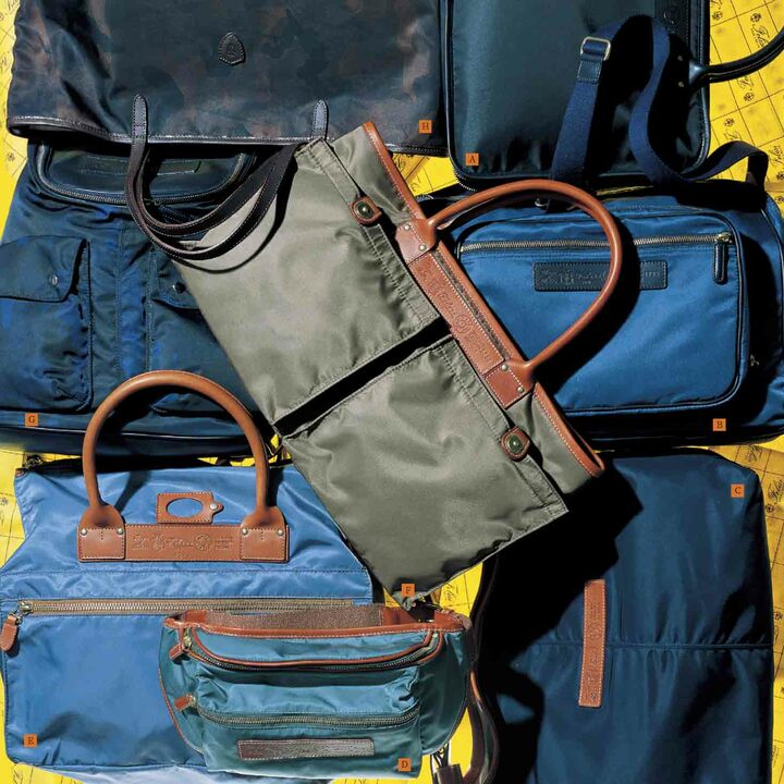 A／ブリーフケース［縦29×横40×マチ3.5～10cm］￥55,000・B／３ウェイビジネスバッグ［縦30×横42×マチ10cm］￥93,000・C／２ウェイショルダーバッグ［縦32×横36×マチ15cm］￥73,000・D／ウエストバッグ［縦17×横37×マチ８cm］￥35,000・E／ボストンバッグ［縦25×横41×マチ22cm］￥66,000・F／トートバッグ［縦27×横47×マチ１～18cm※開閉により変化］￥53,000・G／リュックサック［縦39×横32×マチ13cm］￥87,000・H／トートバッグ［縦31×横40×マチ15cm］￥55,000（フェリージ 青山店）※税抜、参考価格