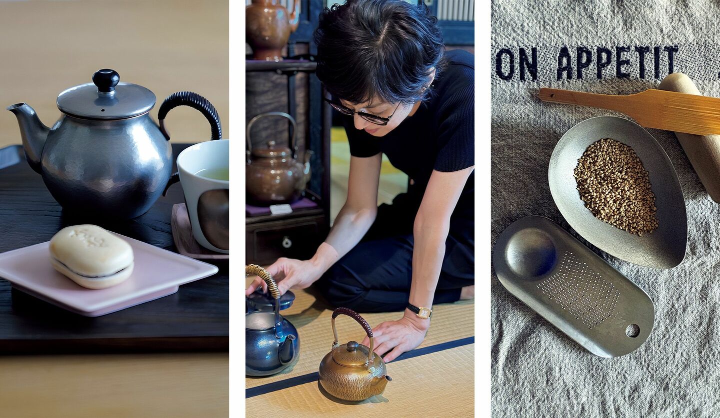 俳優の鈴木保奈美さんと、保奈美さんが燕三条で購入した急須など