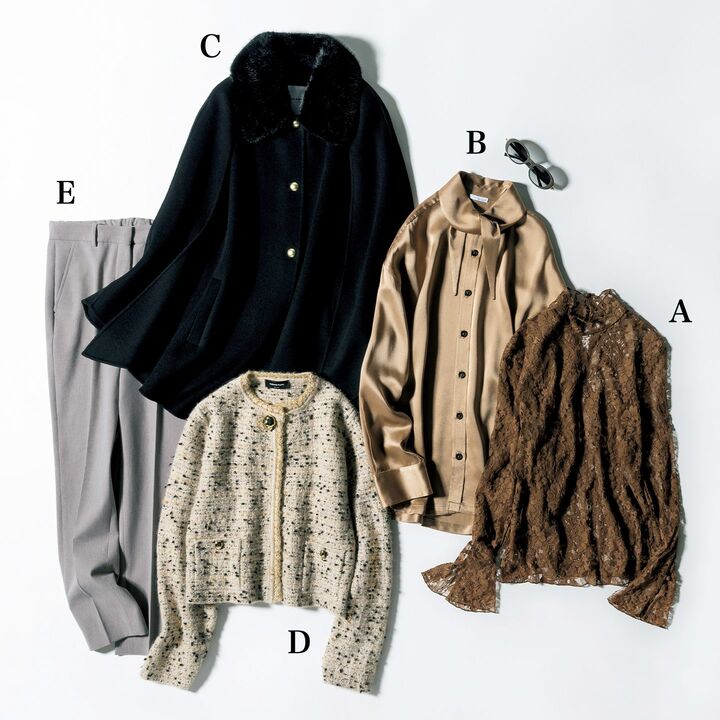 シンプルエレガンス派のレースブラウス、ボウタイシャツ、ファー襟ポンチョ、ツイードジャケット、スティックパンツ