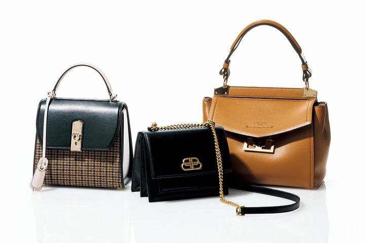 バッグ 左から／内側にジップ付ポケットを配した機能的なつくり。3サイズ展開です。「ボクシィズ」ミディアム￥240,000【縦20×横22×マチ10cm】（フェラガモ・ジャパン〈サルヴァトーレ フェラガモ〉）、クロスボディーが可能な長めのチェーンストラップ。「シャープ バッグ S」￥185,000【縦15×横20×マチ13cm】（バレンシアガジャパン）、内側はスエード仕立て。「ミスティック」スモール￥320,000【縦22.5×横25.5×マチ15cm】（ジバンシィ表参道店）　［Precious2019年7月号127ページ］