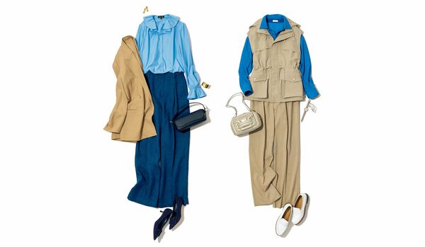 ときめきをもたらす!最旬配色『ベージュ×きれい色』コーディネート|ブルーシャツで叶える、柔らかなコントラスト