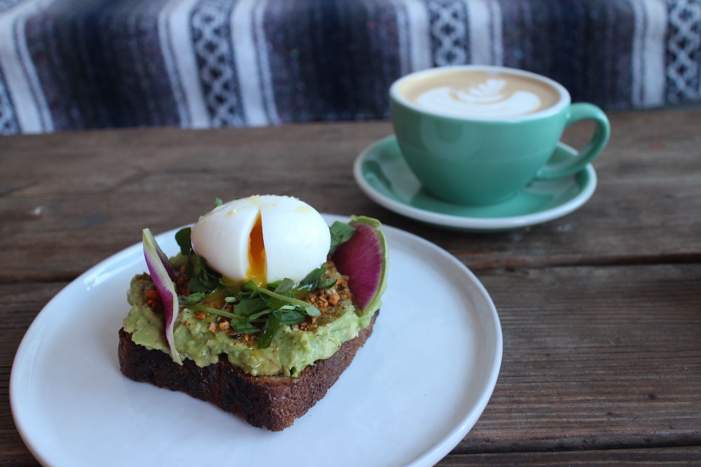 新鮮なアボカドと天然酵母トーストのAvocado Smash($8.50)。ラベンダーがほのかに香るLavender Latte($4.75)
