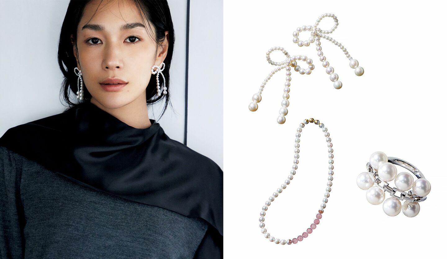 デザインニットを着用したモデルの大塚まゆかさんと、ソフィ ビル ブラーエ、ユタイ、TASAKIのパールジュエリー