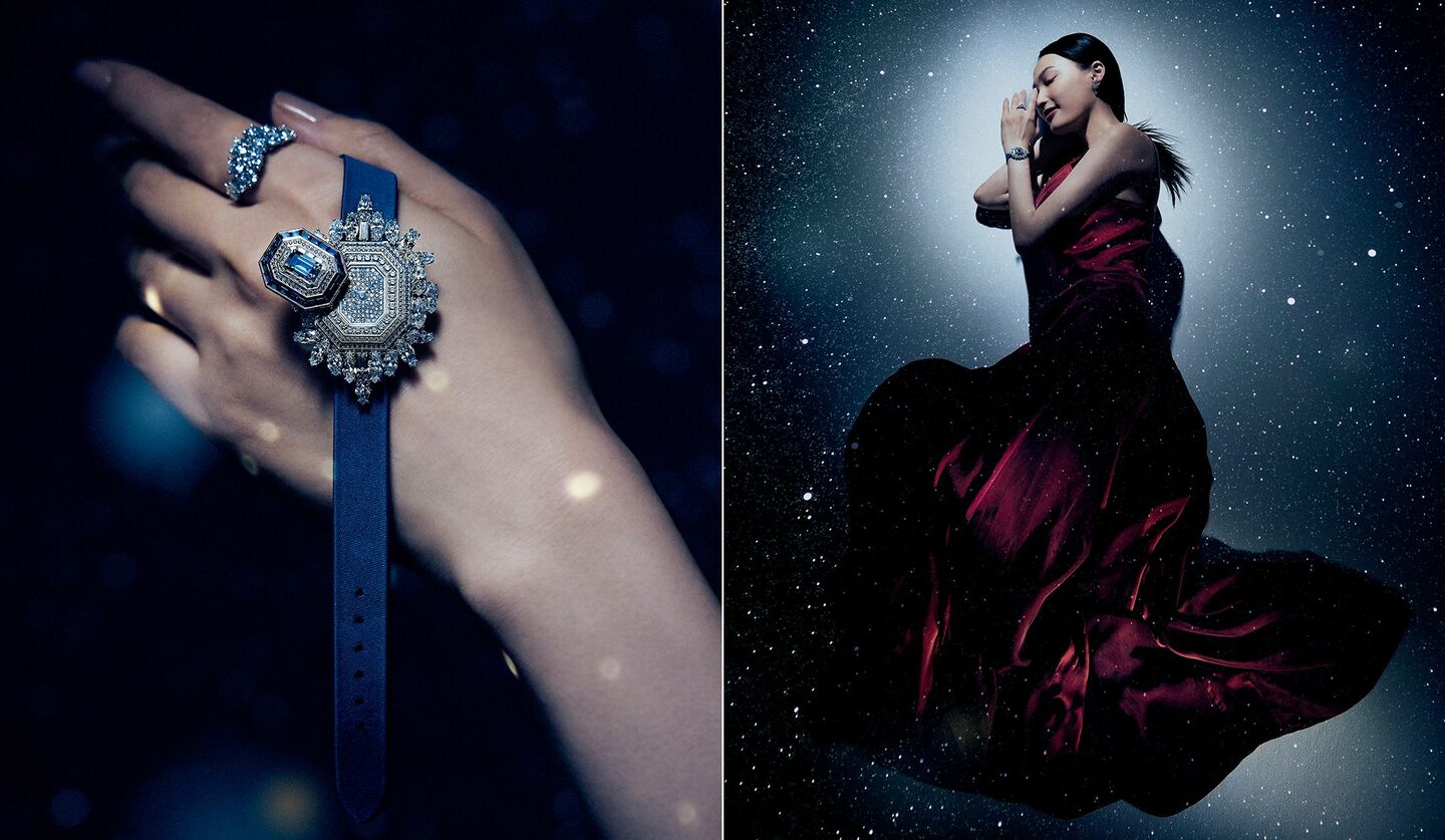 「ハリー・ウィンストン」の時計『アルティメイト・エメラルド・シグネチャー』を手にした大政絢さんの手元と着用した大政絢さん