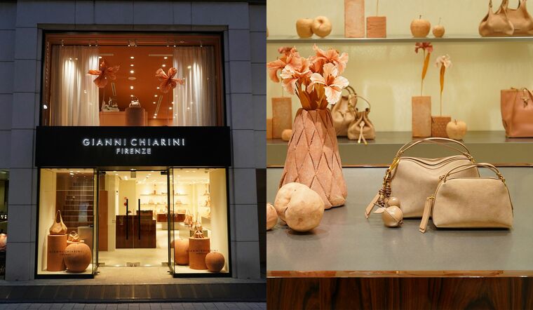 「ジャンニ キアリーニ銀座店」の外観カットと限定バッグが並んだ店内カット
