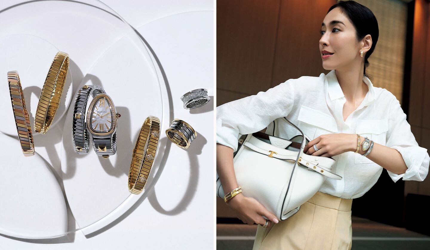 「ブルガリ」のジュエリーとウォッチを着用したモデルの立野リカさん
