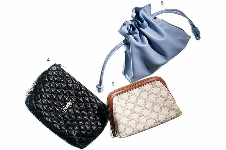 、4.［縦17×横23×マチ5cm］￥101,200（サンローラン〈サンローラン バイ アンソニー･ヴァカレロ〉）、5.［縦13×横22×マチ8cm］￥60,500／予定価格（セリーヌ ジャパン〈セリーヌ バイ エディ･スリマン〉）、6.［縦18×横23.9×マチ9cm／ショルダーストラップ付き］￥240,900（ロエベ ジャパン）