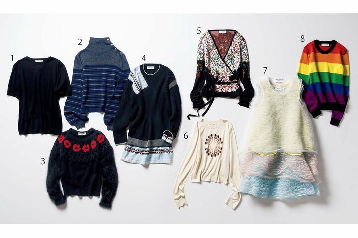 1：ニット￥407,000／3枚セット・2：ニット￥155,000・3：ニット￥129,000・4：ニット￥269,000・5：ニット￥179,000・6：ニット￥129,000・7：ニット￥1,788,000・8：ニット￥129,000（ソニア リキエル ジャポン）　[Precious2018年11月号360-361ページ]