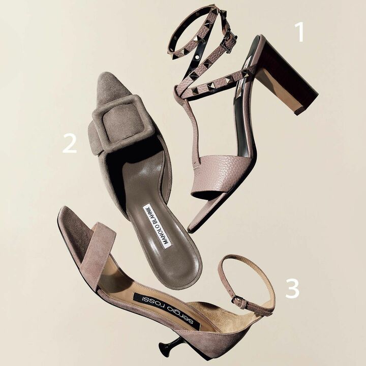 1.『ロックスタッズ ダブル』￥106,000［カーフレザー］【ヒール：8.5cm】（ヴァレンティノ ジャパン〈ヴァレンティノ ガラヴァーニ〉）、2.『MAYSALE』￥103,000［スエード］【ヒール：7cm】（ブルーベル・ジャパン〈マノロ ブラニク〉）、3.『srMILANO サンダル』￥85,000［ラムスエード］【ヒール：5cm】（セルジオ ロッシ）　[Precious2019年5月号124ページ] 