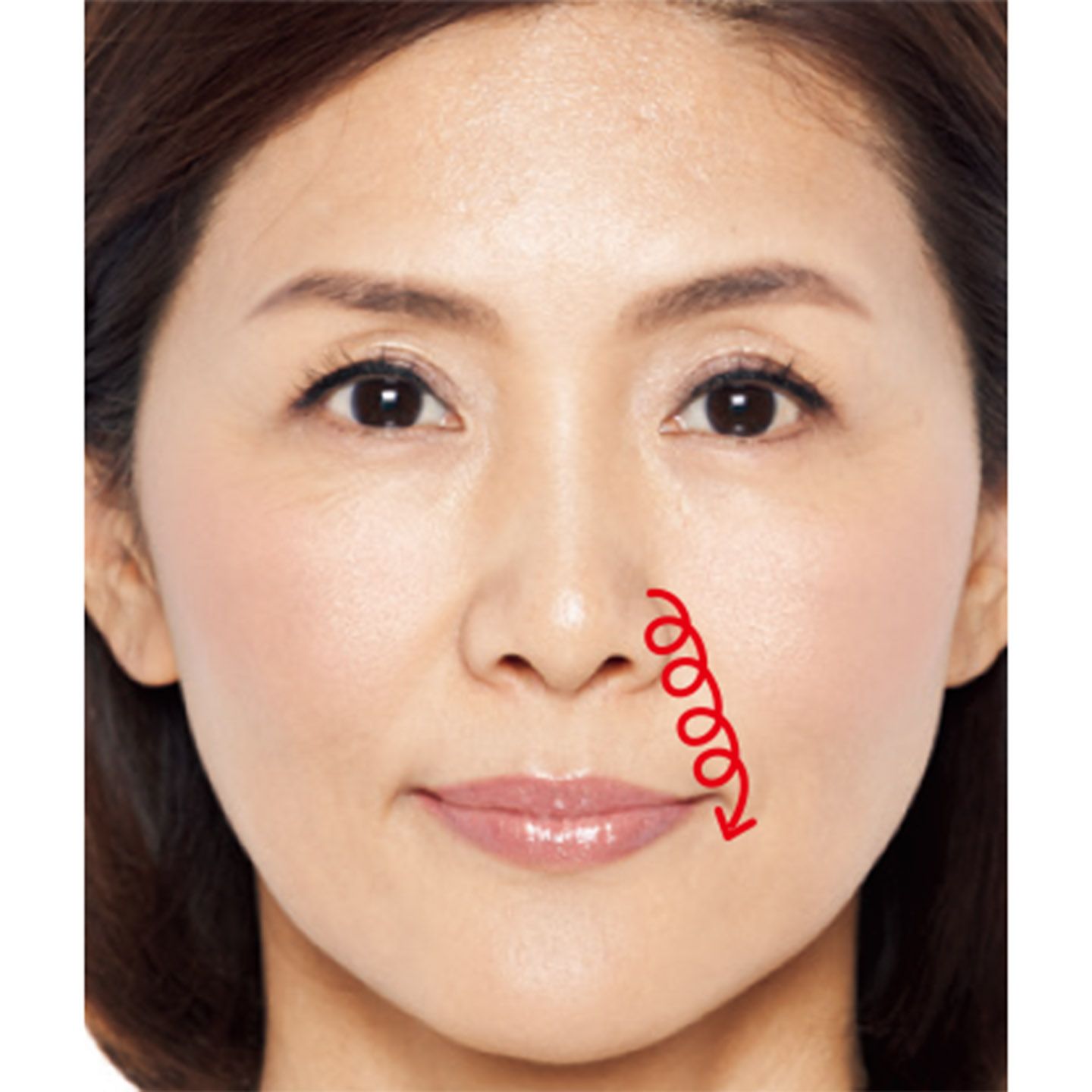 中指の腹を使って、小鼻脇のほうれい線がスタートする部分から、ほうれい線上に下に向かって、グリグリと円を描くようにマッサージしていきます。コリがほぐせたらOK!