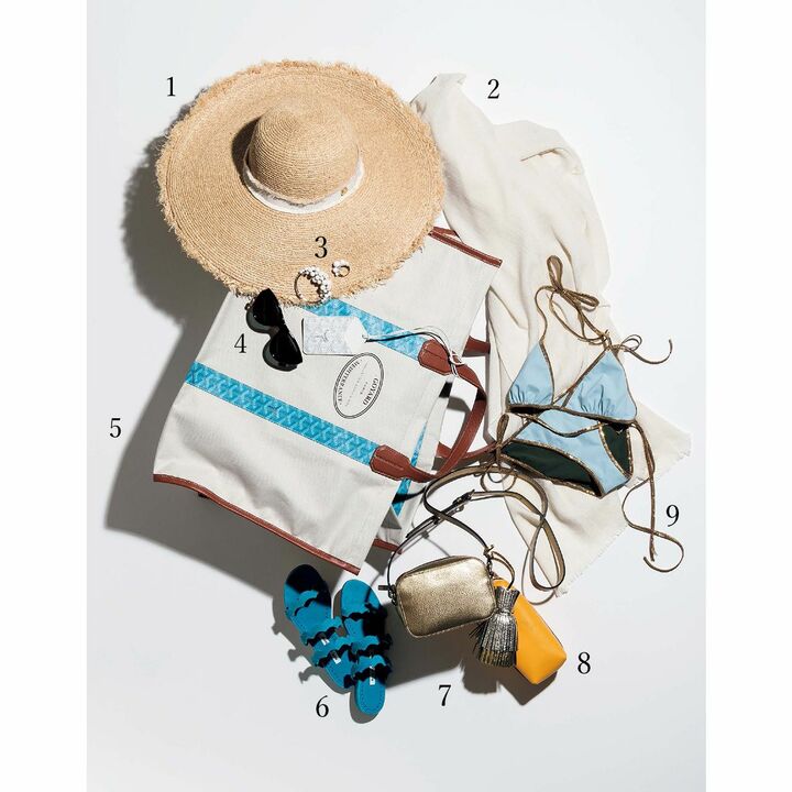 1.ハット￥31,000（ヴァルカナイズ・ロンドン〈ヘイディ・クレイン〉）、2.ストール￥45,000（チェルキ〈カングラ〉）、3.リング［イエローゴールド×ホワイトコーラル×ダイヤモンド］￥560,000・バングル［ホワイトゴールド×ホワイトコーラル×ダイヤモンド］￥2,400,000（シャンテクレール 東京店）、4.サングラス￥30,000（ルックスオティカジャパン〈バーバリー〉）、5.トートバッグ［縦41×横60×マチ25cm］￥207,408・ラゲージタグ￥37,038（ゴヤール ジャパン〈ゴヤール〉）、6.靴［ヒール1cm］￥119,000（ブルーベル・ジャパン〈マノロ ブラニク〉）、7.ショルダーバッグ［縦11×横16×マチ7cm］￥76,852・フリンジキーリング￥50,926・8.ポーチ［縦8×横18×マチ8cm］￥47,222（スマイソン）、9.リバーシブル水着￥26,000（アマン〈トゥーシー〉）　［Precious2019年7月号95ページ］