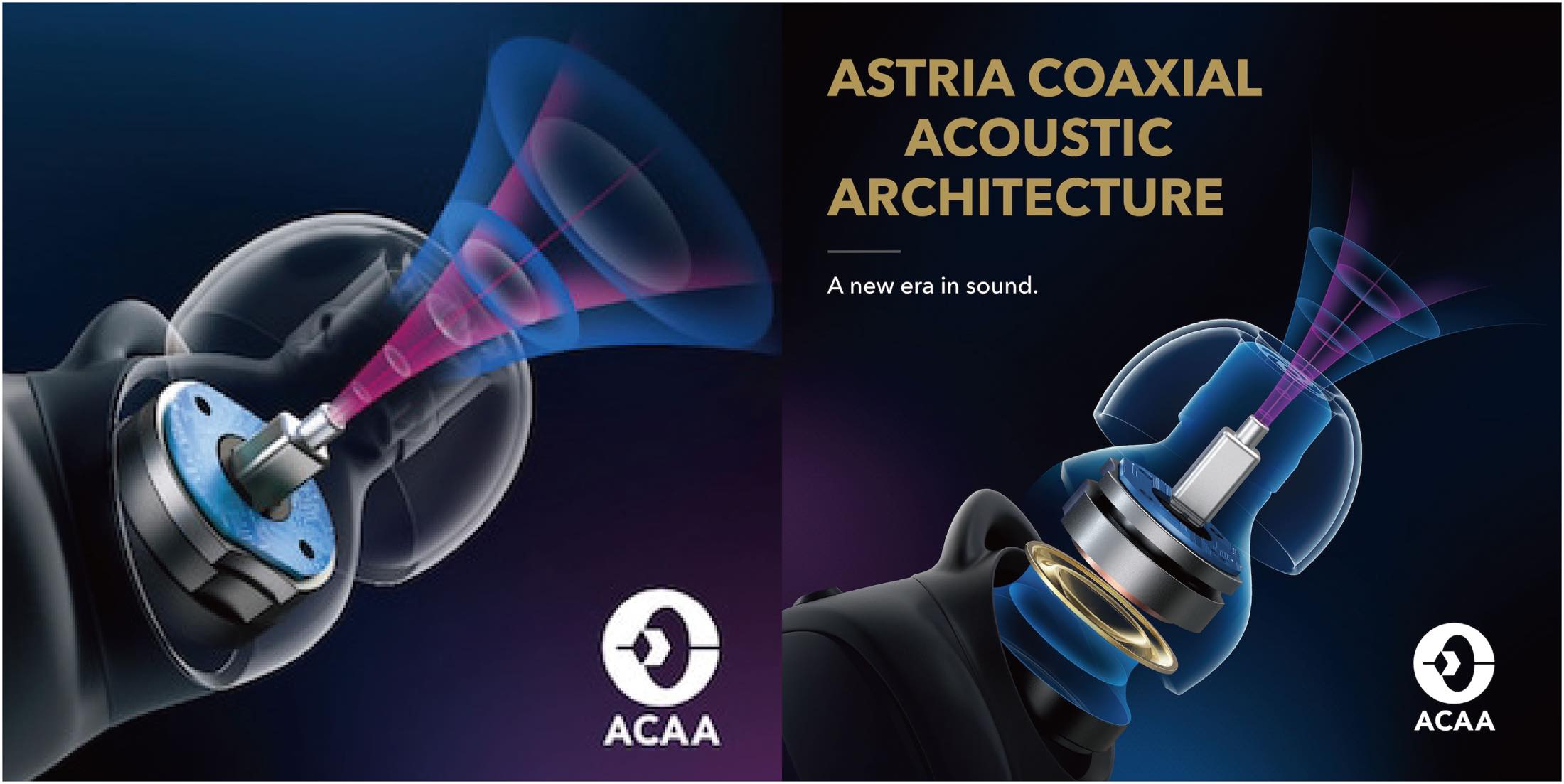 Soundcore独自の同軸⾳響構造(A.C.A.A)。バランスドアーマチュアドライバーとダイナミックドライバーを同軸上に配置することで高音と低音が調和しサウンドを繊細に表現できる。