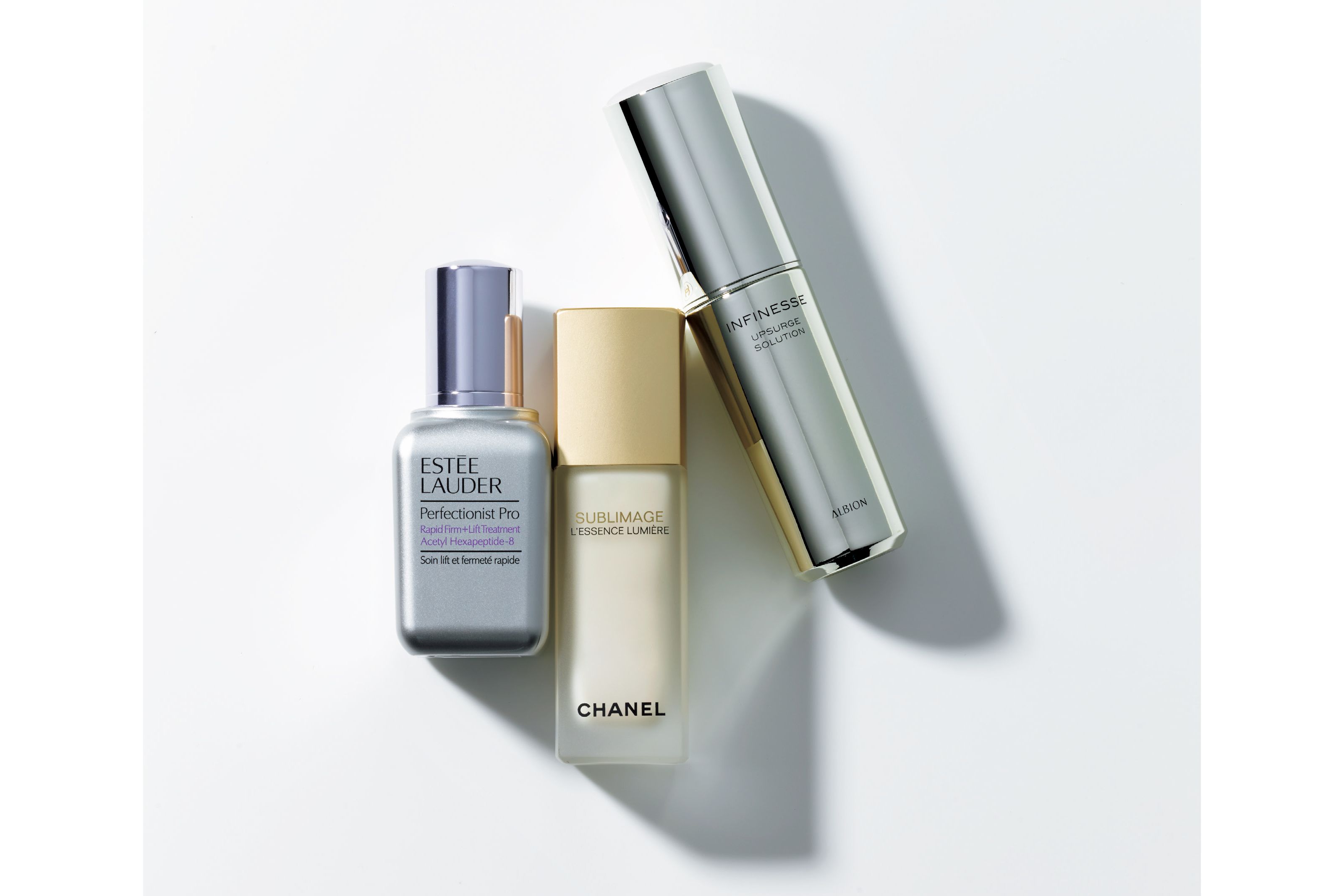 左から/■1:エスティ ローダー パーフェクショニストプロ F+L セラム 30ml ¥11,000、■2:シャネル サブリマージュ レサンス ルミエール 40ml ¥50,000、■3:アルビオン アンフィネス アップサージ ソリューション 40ml ¥10,000