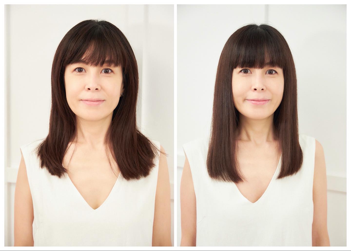 FRONT/広がってもっさりとした印象のBEFOREから、ストンとまとまる艶やかなAFTERへ。むくんだ顔もスッキリと引き締まり、心なしか目もぱっちり。